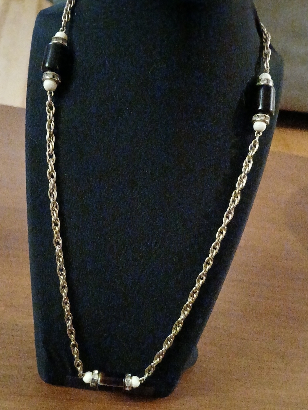 Vintage Gold-Tone Sarah Coventry  Chain Necklace w/ Black Beads Rhinestones 28"